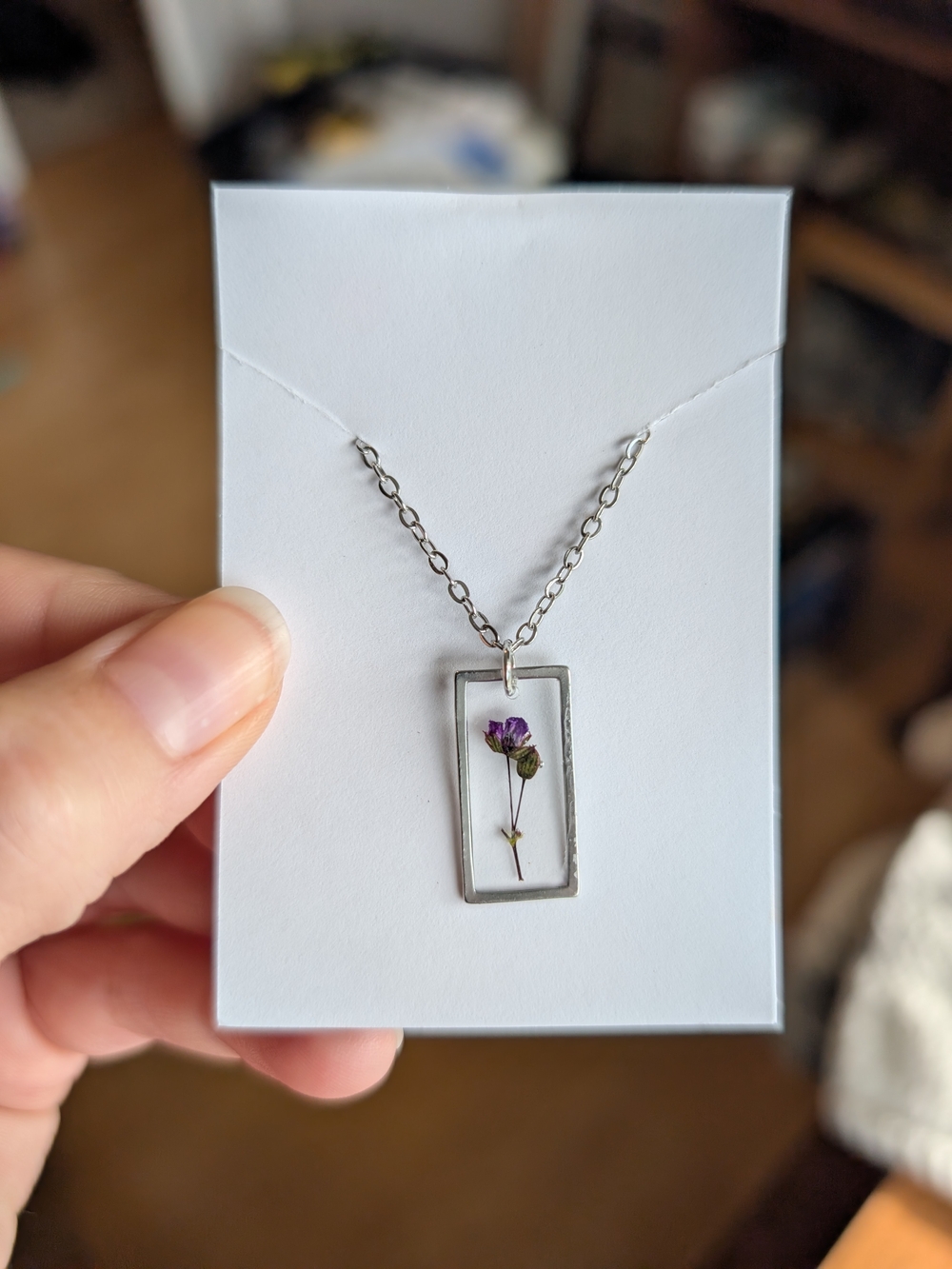 Handmade Silver Rectangular Necklace with Purple Pressed Flower